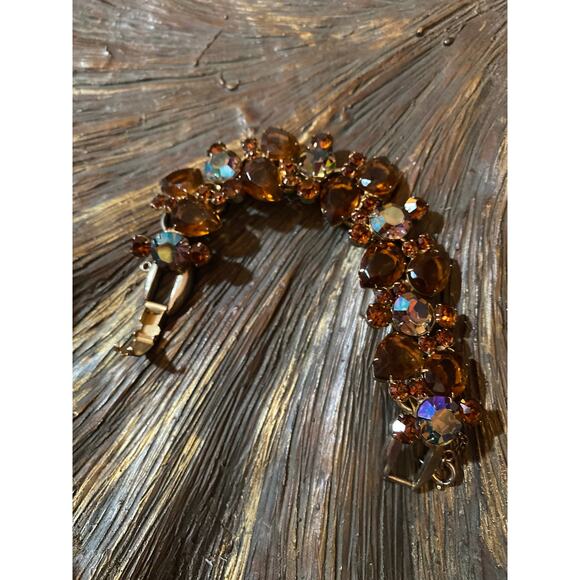 Vintage Amber & Aurora Borealis Rhinestone 5 Link Juliana Bracelet